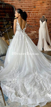 Spaghetti Strap Lace Appliqued Organza A-line Long Cheap Wedding Dresses, WDS0056