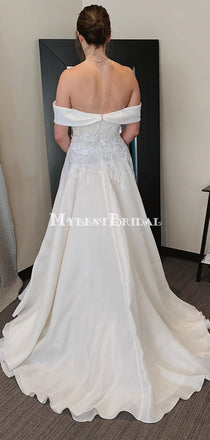 Off-The-Shoulder Lace Appliqued Satin A-line Long Cheap Wedding Dresses, WDS0060