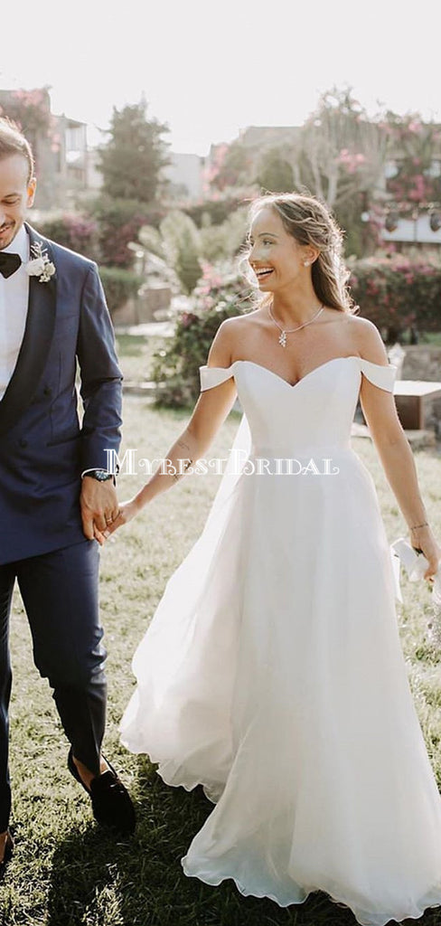 Simple Off-The-Shoulder White A-line Long Cheap Wedding Dresses, WDS0050