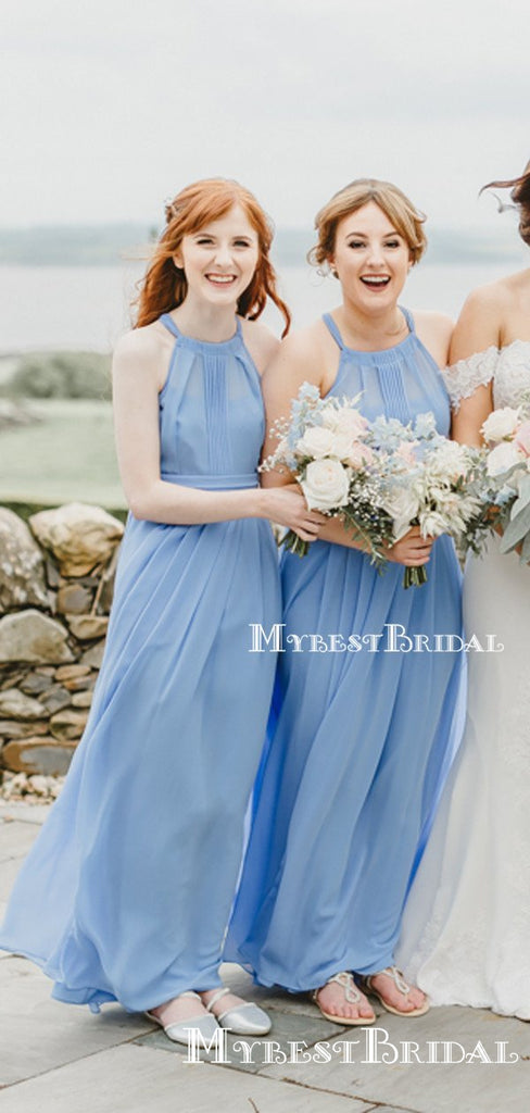 New Arrival ELegant Simple Halter Sleeveless A-line Blue Chiffon Long Cheap Bridesmaid Dresses, TYP0105