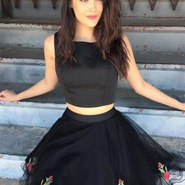 Short Black High-Neck Floral-Print Party Dress,Homecoming Dress,Short Prom Dresses,BDY0152