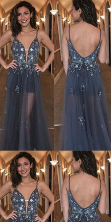 Gorgeous A-line Straps V-neck Backless Grey Long Tulle Prom Dress,Evening Party Dress ,PDY0377