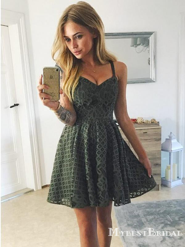 A-Line Spaghetti Straps Dark Green Short Lace Homecoming Dresses, TYP0024