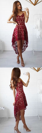 High-Low Lace Sleeveless Semi-Formal Dress With Belt, Homecoming Dress,BDY0155