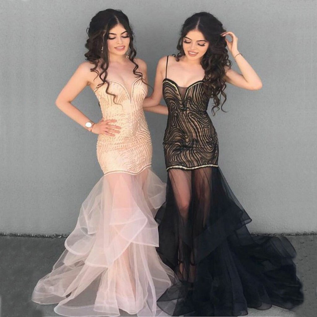 Mermaid Spaghetti Straps Floor-Length Black Tulle Tired Prom Dress,Evening Party  Dress.PDY0237