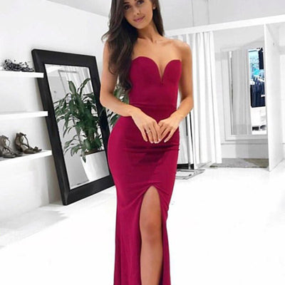 Sheath Simple Evening Gowns,Cheap Party Dress,Dark Red Prom Dresses,Slit Formal Gowns For Teens PDY0227