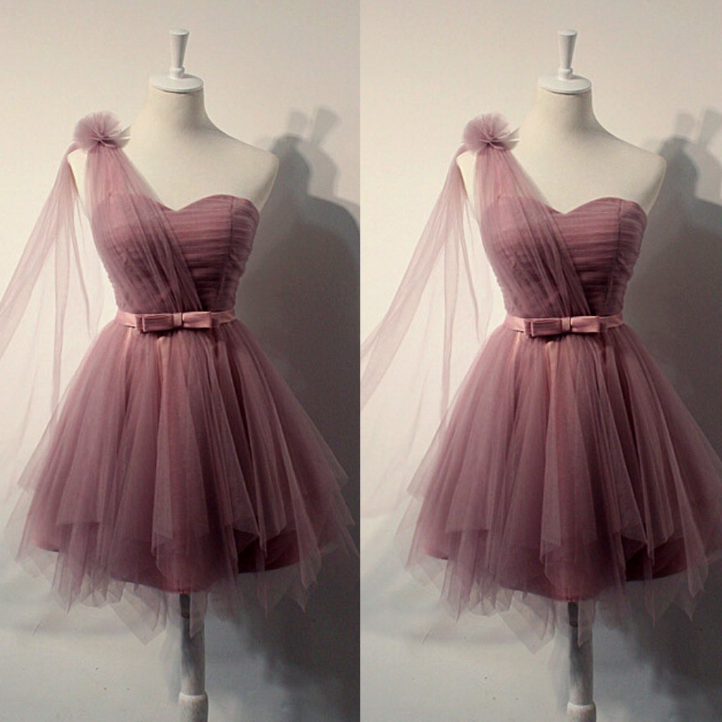 Charming One Shoulder Tulle Cute Short Prom Dress With Belt, Homecoming Dress,BDY0157