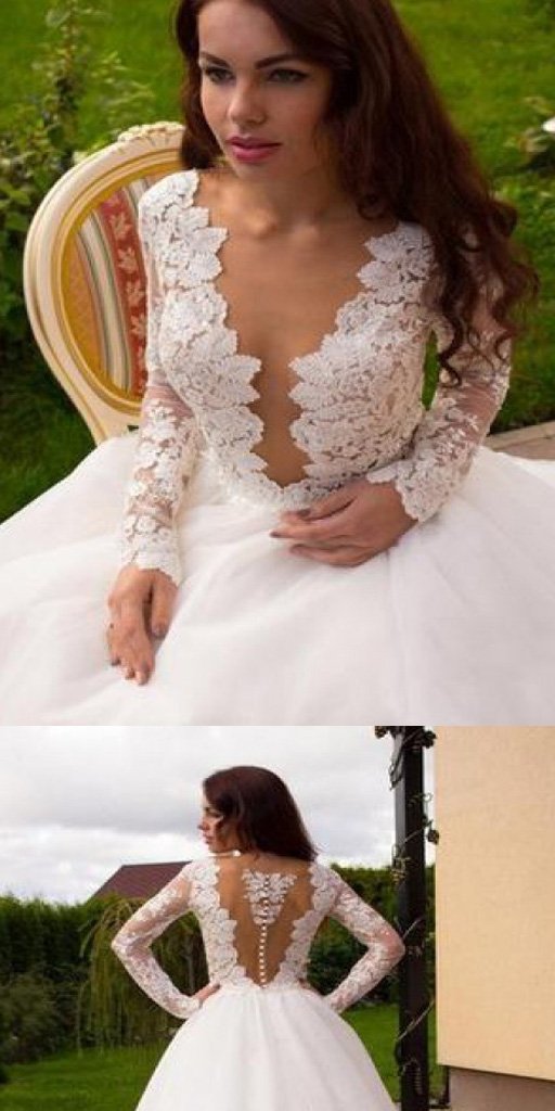 Princess A-Line V-Neck Tulle Ivory Long Sleeves Wedding Dresses,Dresses For Wedding Party ,WDY0163