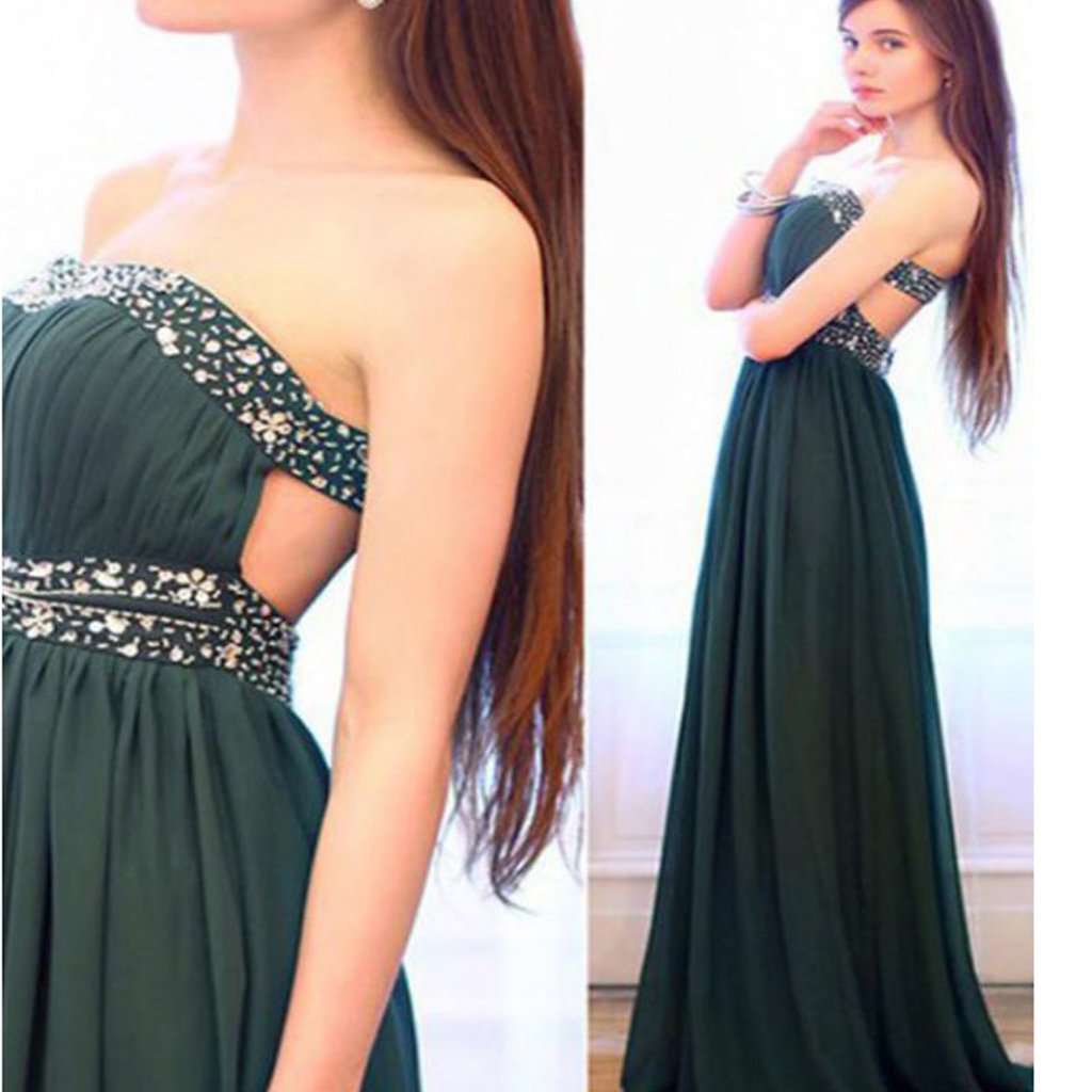 Strapless Dark Green Long  Strapless Floor-length Chiffon Prom Dress With Beads,Evening Party Dress,PDY0273