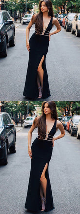 Sheath V-Neck Floor Length Black Satin Prom Dresses,Cheap Prom Dresses,PDY0277