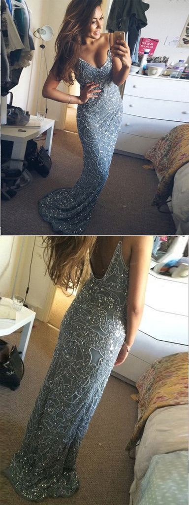 Mermaid V-Neck Sweep Train Backless Blue Prom Dress with Beading,Evening Dresses . PDY0217