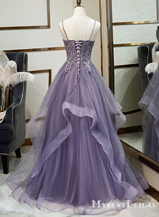 Elegant Spaghetti Strap Sleeveless Purple Tulle Top Lace Appliqued A-line Long Cheap Prom Dresses, PDS0035