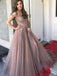 Off the Shoulder Beaded Brown Tulle Long Prom Dresses ,Cheap Prom Dresses,PDY0430
