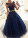 Two Piece Beaded Navy Blue Tulle Prom Dresses ,Cheap Prom Dresses,PDY0429