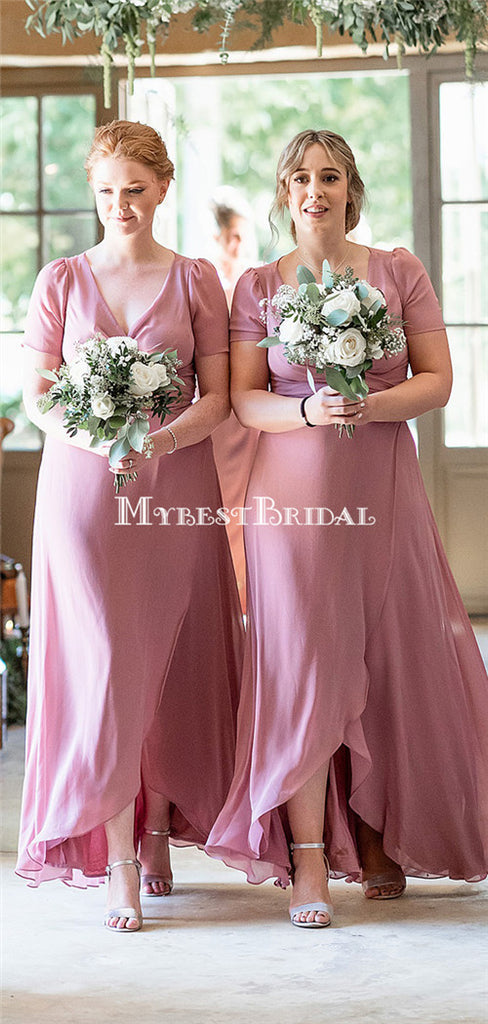 Newest V-neck Short Sleeve Dusty Pink Chiffon Long Cheap Bridesmaid Dresses, BDS0129