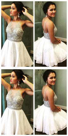 Stunning White A-line Lace Homecoming Dresses With Beading ,Short Prom Dresses,BDY0165