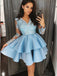A-Line V-Neck Tiered Blue Satin Homecoming Dress,Short Prom Dresses,BDY0359