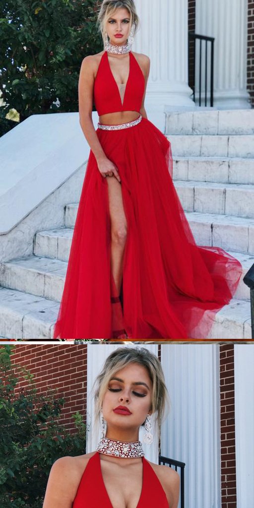 A-line V-neck Beaded Red Tulle  Prom Dress ,Cheap Prom Dresses,PDY0417