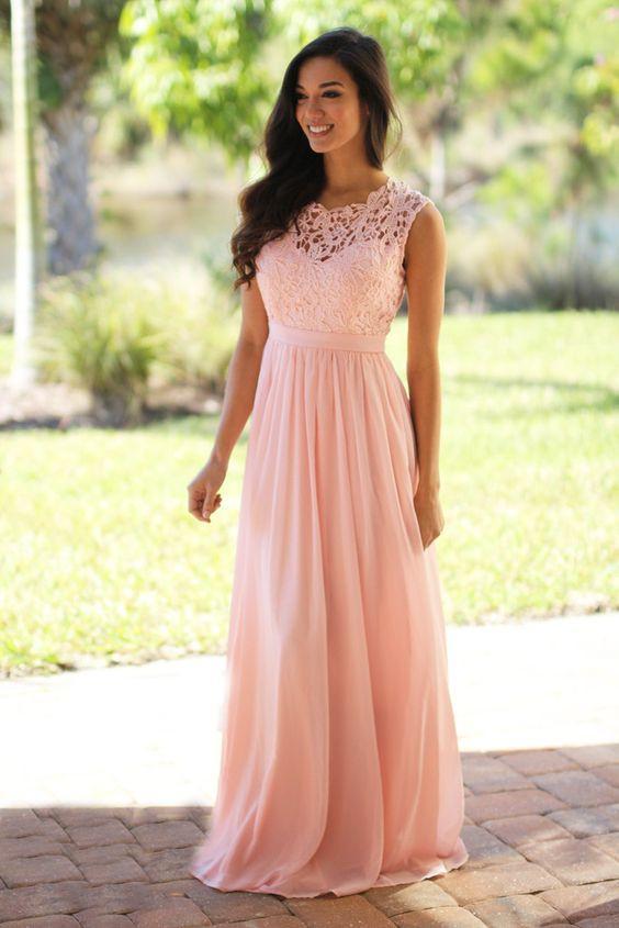 Elegant Lace Floor-Length Applique Blush Pink Long Formal Cheap Chiffon Bridesmaid Dresses, WGY0325