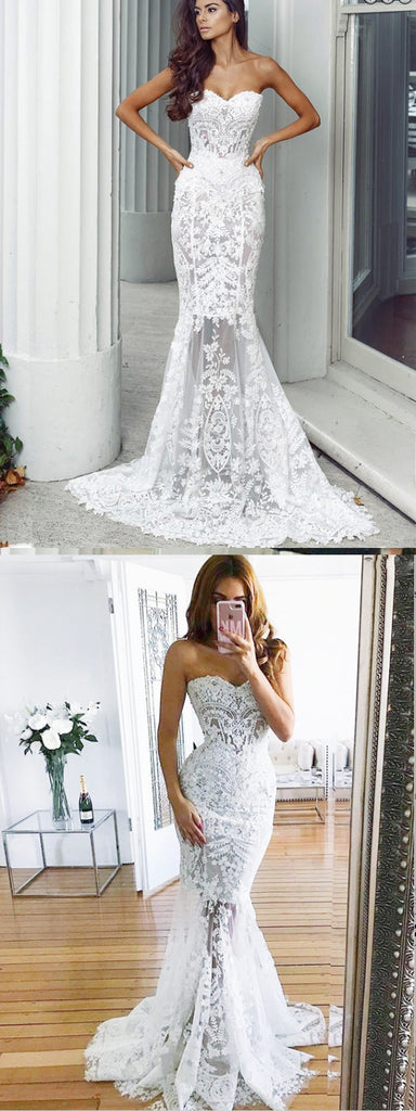 Charming Sweetheart Long Mermaid Lace Wedding Dresses, Sexy Backless Tulle Bridal Gown, WDY0117