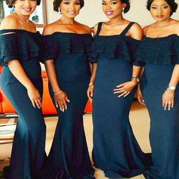 Simple Jersey Navy Mermaid Spaghetti Straps Long Bridesmaid Dresses,Wedding Party Gowns,WGY0214