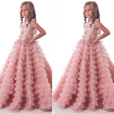 Modest Tulle Lace Scoop Floor-length Flower Girl Dresses With Handmade Flowers & Beadings ,FGY0160