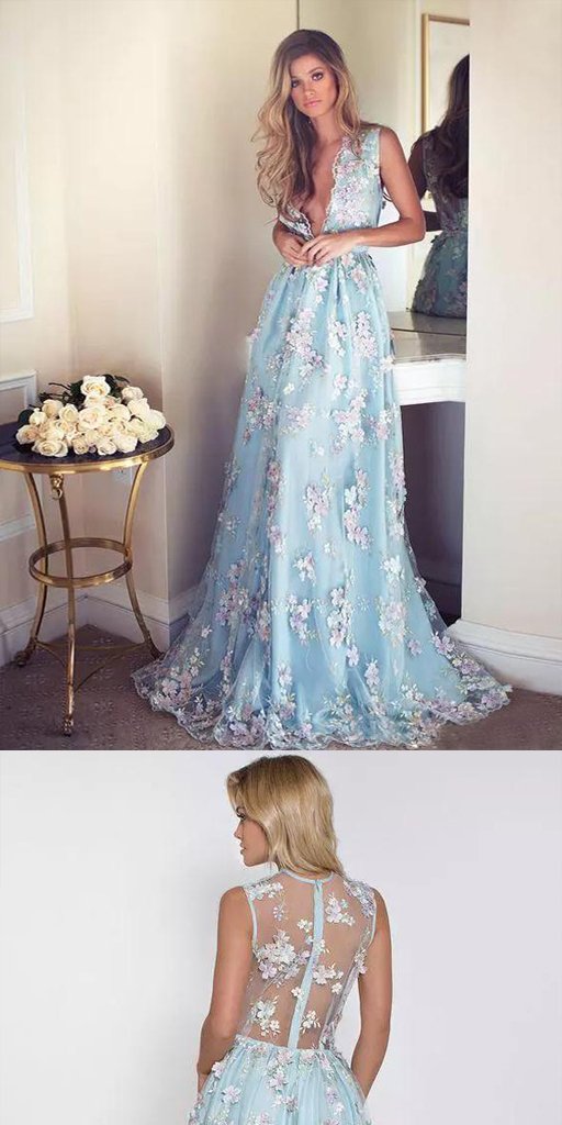 A-line V-neck Light Blue Tulle Prom Dress With Applique ,Cheap Prom Dresses,PDY0414