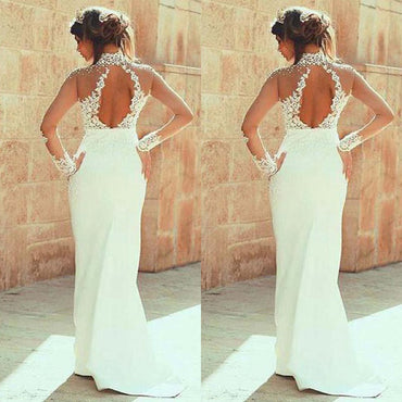 High Neckline Sheath Wedding Dresses With Beaded Lace Appliques, Dresses For Wedding Party ,WDY0162