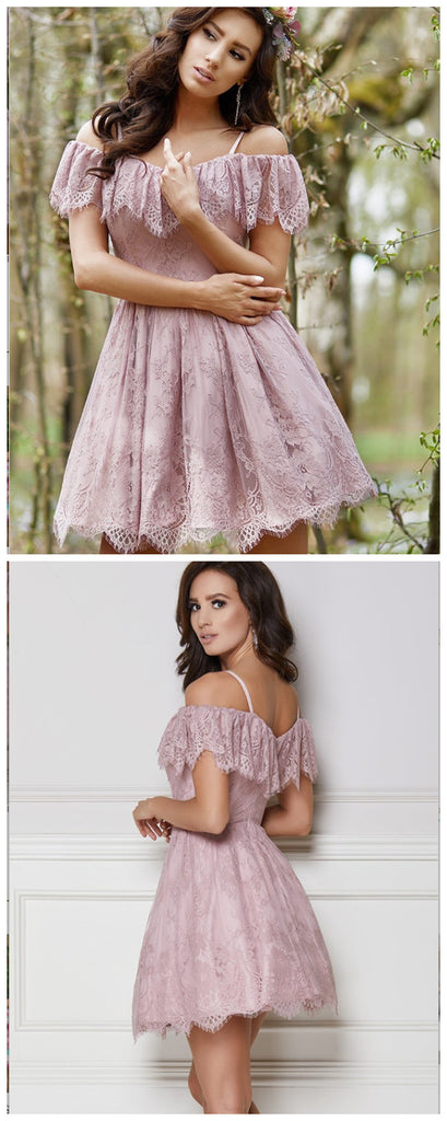 A-Line Purple Lace Homecoming Dress with Ruffles,Short Prom Dresses,BDY0361