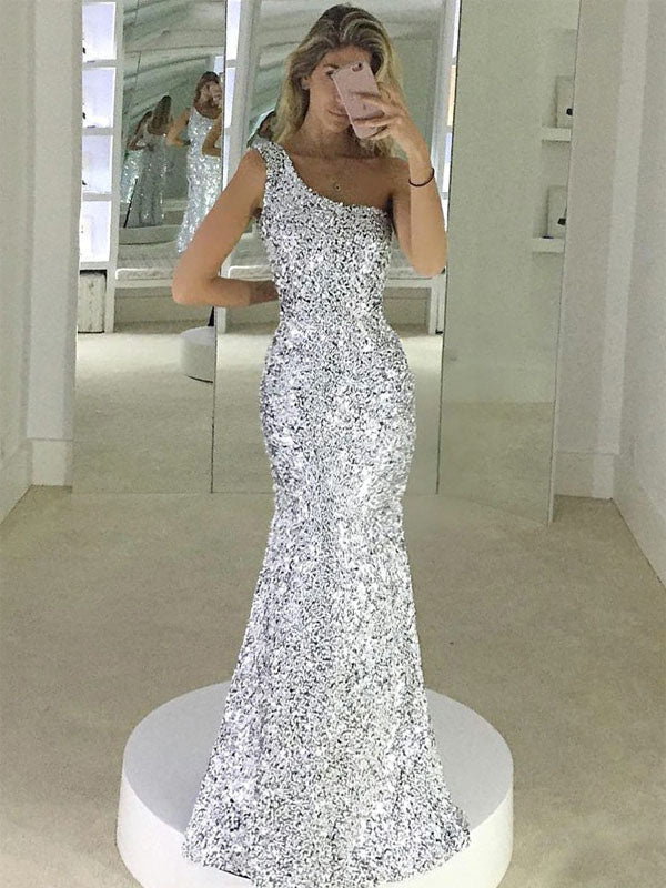 Mermaid One-Shoulder Floor-Length Silver Sequined Prom Dress,Evening Party Dresses PDY0218