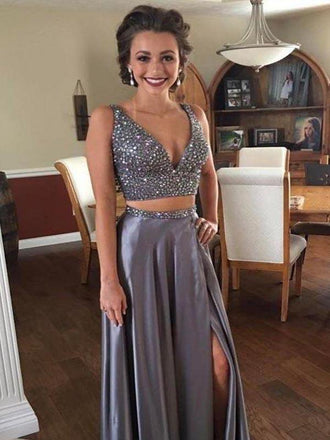 Two Piece Deep V Neck Slit Beaded Grey Chiffon Prom Dressses ,Cheap Prom Dresses,PDY0433