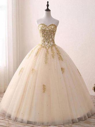 Sweetheart A-line Beaded Gold Lace Prom Dress ,Cheap Prom Dresses,PDY0412