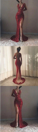 Sexy Backless Red Lace Side Slit Deep V Neckline Mermaid Long Evening Prom Dresses. PDY0224