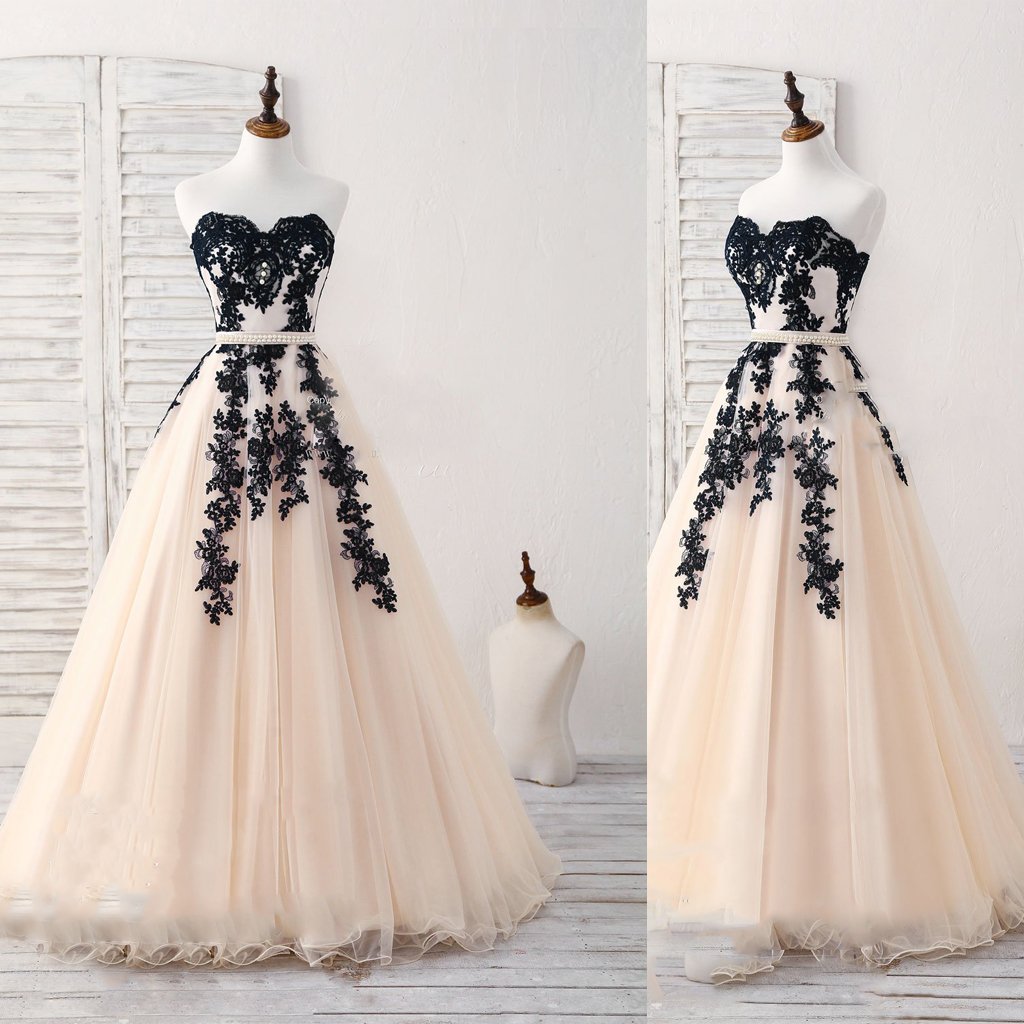 Black Tulle Lace Applique Long Prom Dress, Black Evening Dress,,Party Prom Dresses,PDY0213