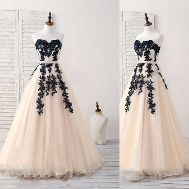 Black Tulle Lace Applique Long Prom Dress, Black Evening Dress,,Party Prom Dresses,PDY0213