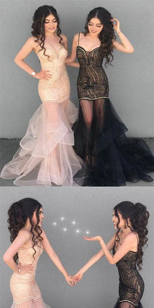 Mermaid Spaghetti Straps Floor-Length Black Tulle Tired Prom Dress,Evening Party  Dress.PDY0237