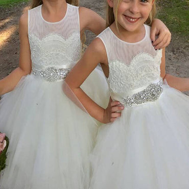 Tulle A-Line Ivory Flower Girl Dresses With Rhinestone Sash ,Cheap Flower Girl Dresses ,FGY0165