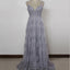 Simple V-neck Grey Spahgetti Straps Tulle Lace Long Prom Dress ,Train Dresses,PDY0363