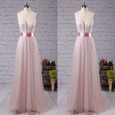 Sweet V Neck Lace Long Prom Dress With Pink Sash,Party Dresses, Evening Dresses,PDY0320