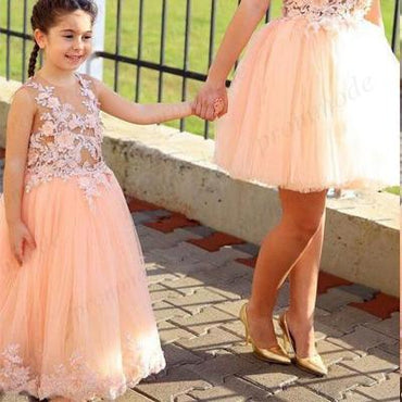 Pink A-line Tulle & Lace Applique Flower Girl Dress,older flower girl dresses,FGY0184