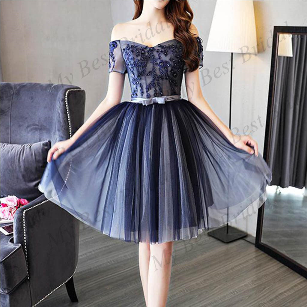 Attractive A-line Tulle Dark Blue Sleeveless  Short Homecoming Dress With Beading ,BDY0163