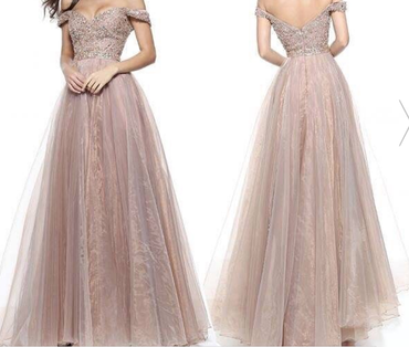 Off the Shoulder Beaded Brown Tulle Long Prom Dresses ,Cheap Prom Dresses,PDY0430