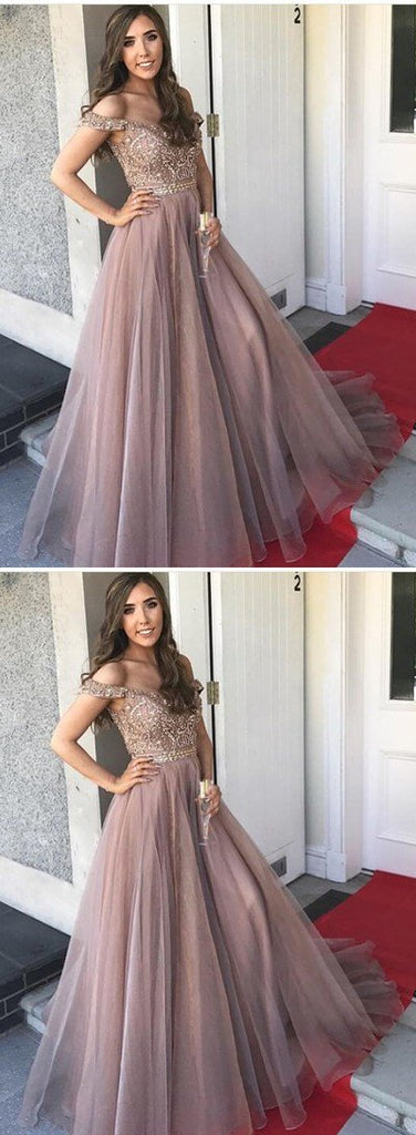 Off the Shoulder Beaded Brown Tulle Long Prom Dresses ,Cheap Prom Dresses,PDY0430