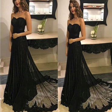 Sweetheart Black Lace A line Long Evening Prom Dresses,PDY0251