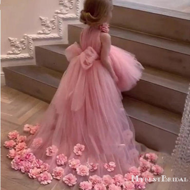 New Arrival High Neck Pink Tulle High Low Long Cheap Flower Girl Dresses, FGS0006