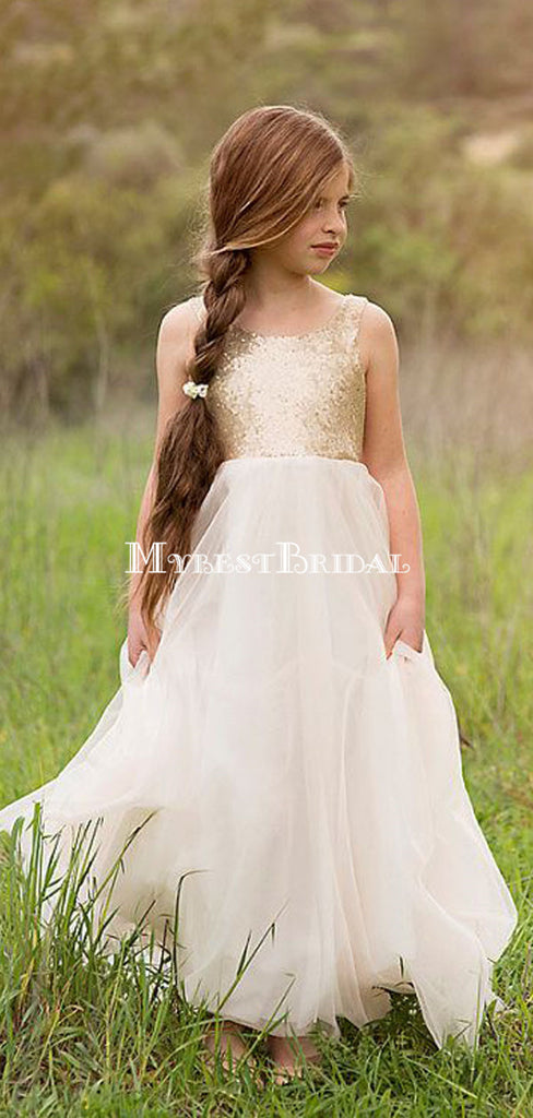 Cheap White Chiffon &Gold Sequins Backless Spaghetti Little Girl Dresses,Flower Girl Dresses ,FGY0215