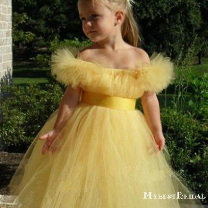 Lovely Off-The-Shoulder Yellow Tulle A-line Long Cheap Flower Girl Dresses, FGS0016