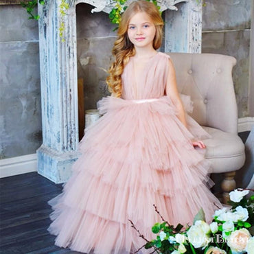 Popular Hot Selling V-neck Pink Tulle A-line Long Cheap Flower Girl Dresses, FGS0024