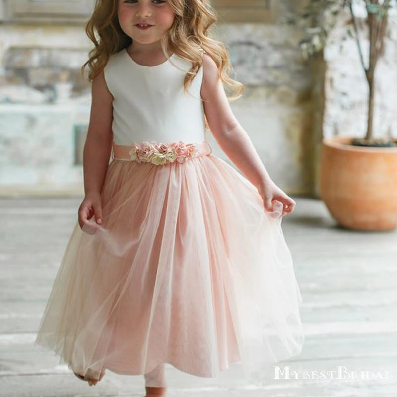 Cute Round Neck Pink Tulle A-line Long Cheap Flower Girl Dresses, FGS0019
