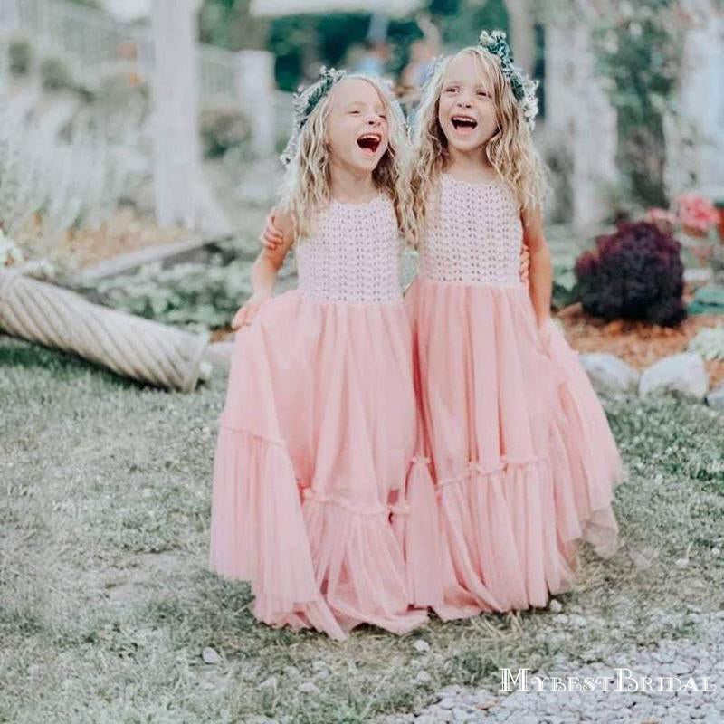 Charming Round Neck Pink Tulle A-line Long Cheap Flower Girl Dresses, FGS0020